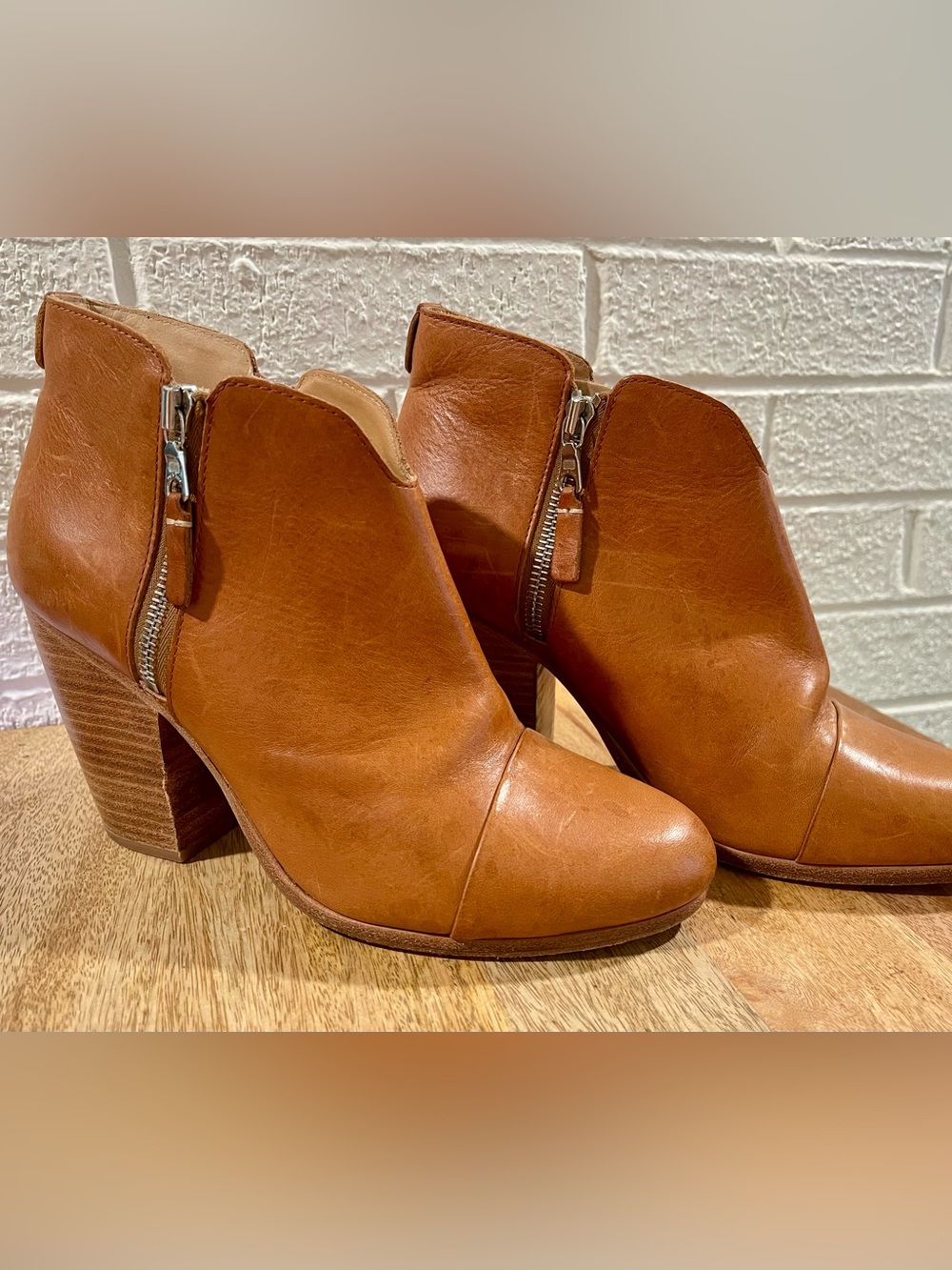 rag & bone Harrow Leather Ankle Boot Women’s EU 39 Cognac Tan Stacked Heel